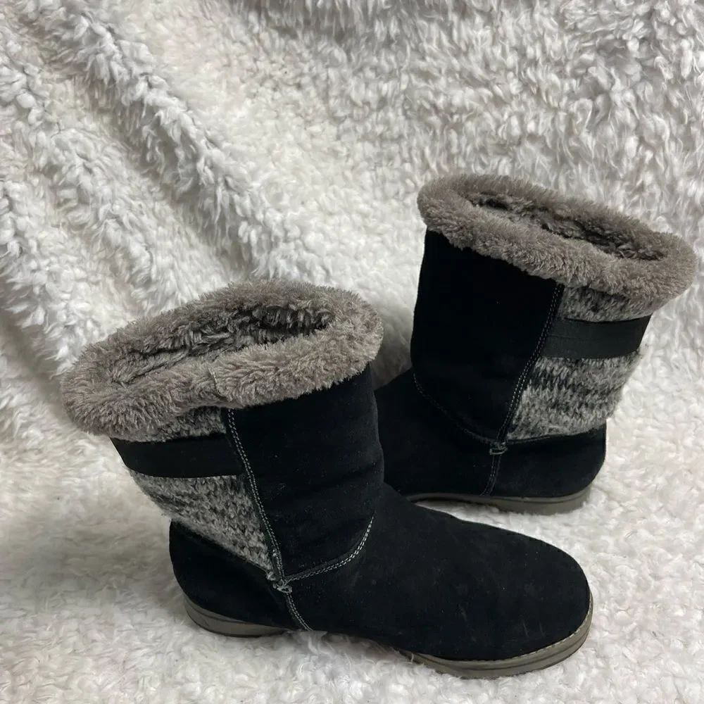 White Mountain black leather suede and gray knit boots faux fur lining size 8.5M - Picture 2 of 10